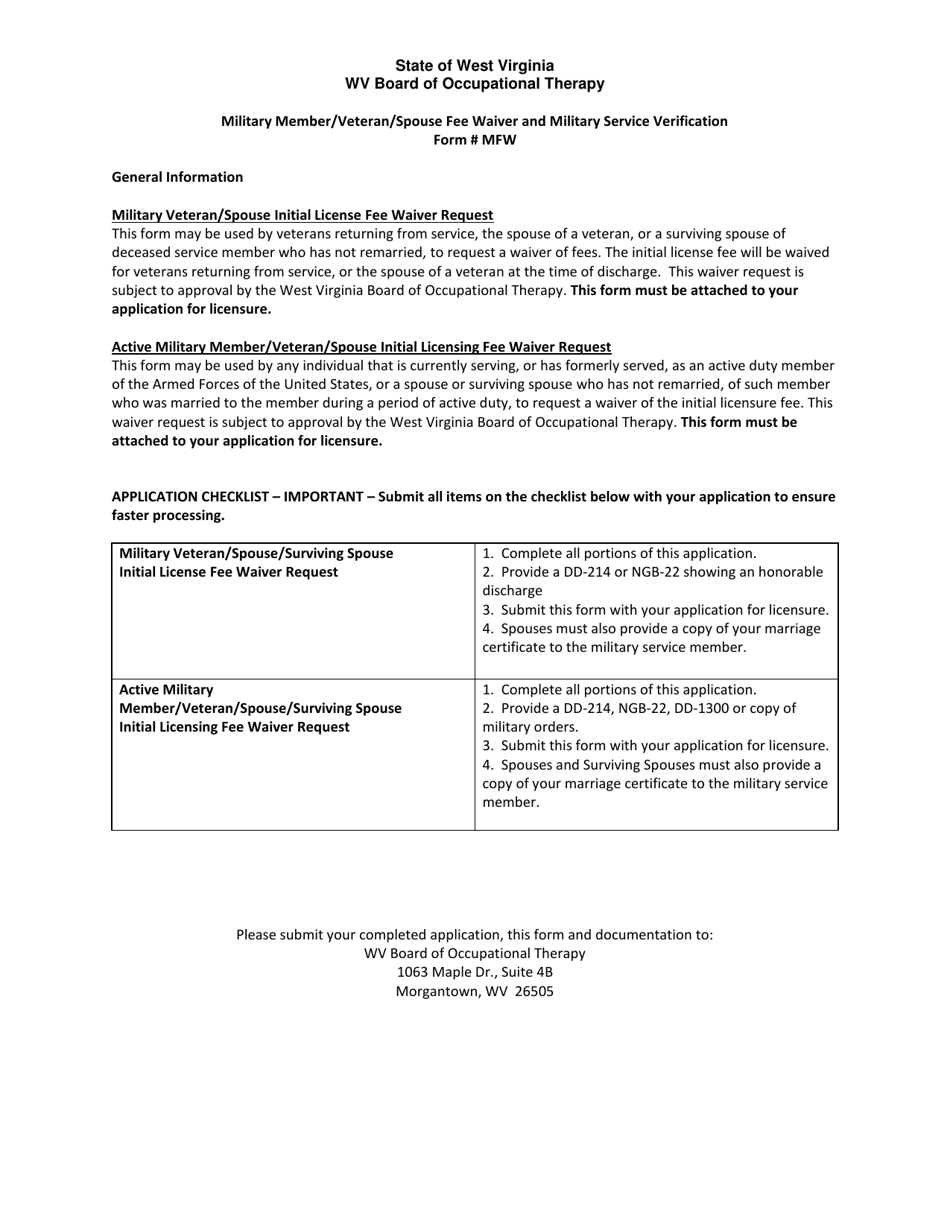 Form MFW Military Member / Veteran / Spouse Fee Waiver and Military Service Verification - West Virginia, Page 1