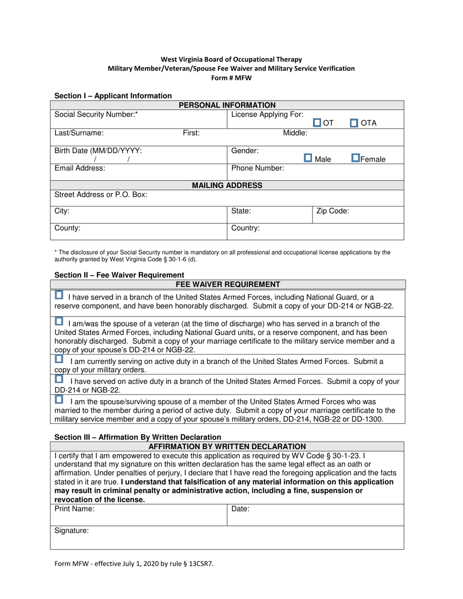 Form MFW Military Member / Veteran / Spouse Fee Waiver and Military Service Verification - West Virginia, Page 3