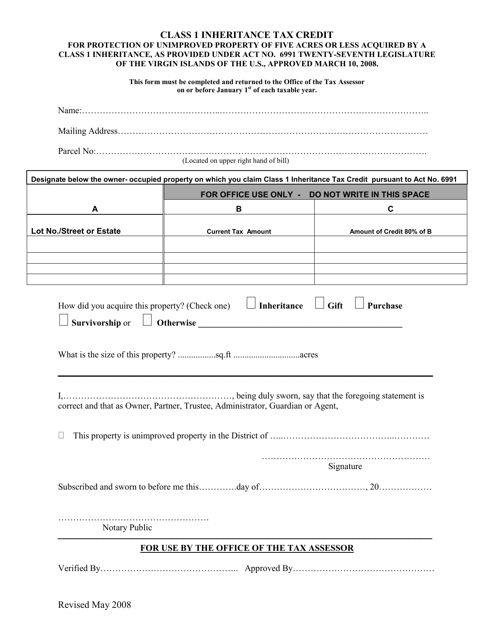 Class 1 Inheritance Tax Credit Application - Virgin Islands Download Pdf