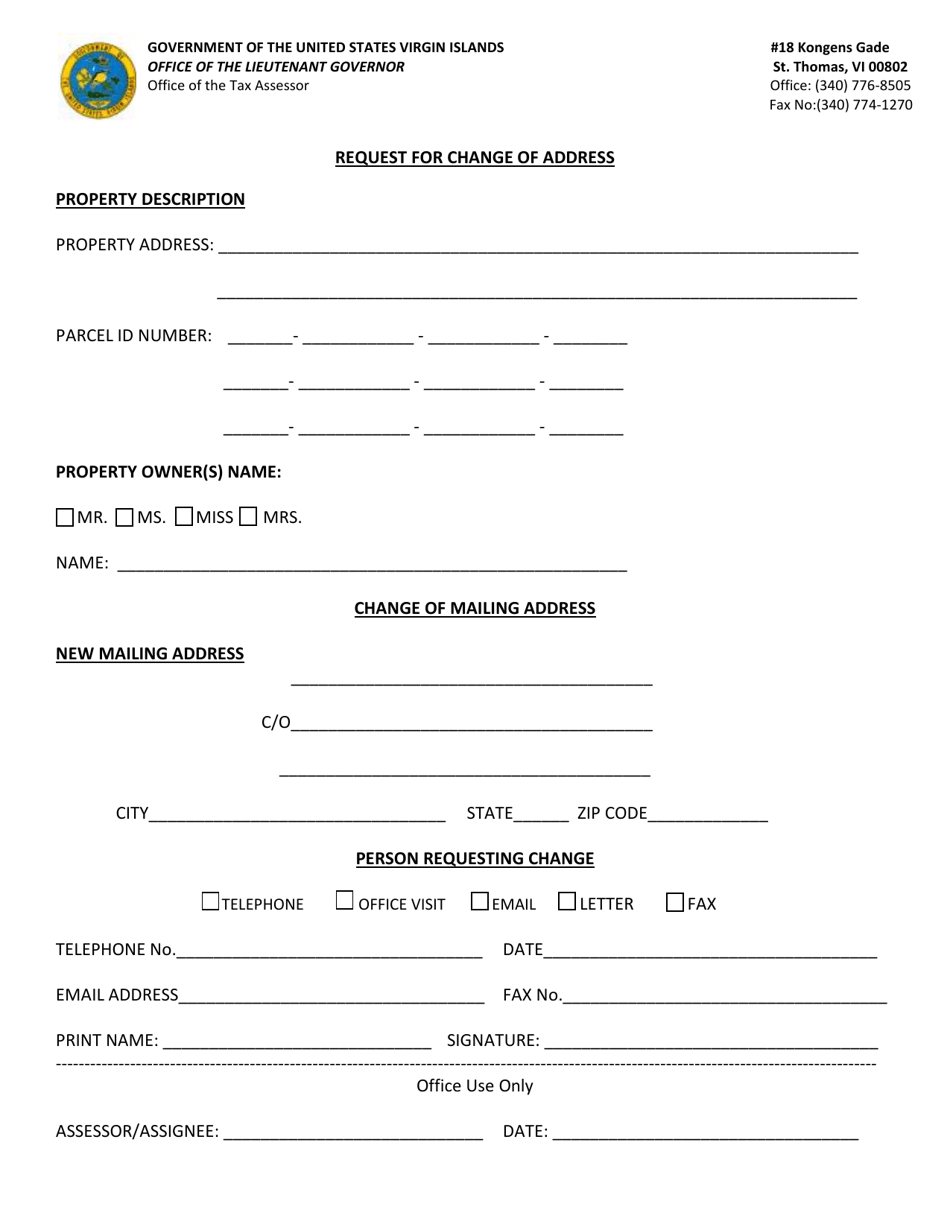 Virgin Islands Request for Change of Address Download Printable PDF