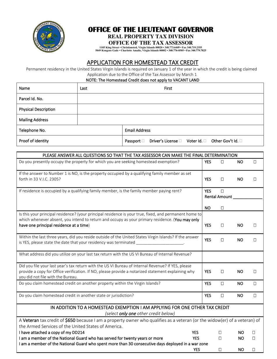 Application for Homestead Tax Credit - Virgin Islands, Page 1