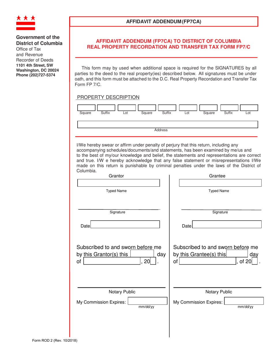 Form ROD2 Affidavit Addendum (Fp7ca) - Washington, D.C., Page 1