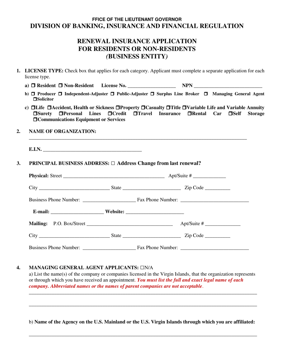 Renewal Insurance Application for Residents or Non-residents (Business Entity) - Virgin Islands, Page 1