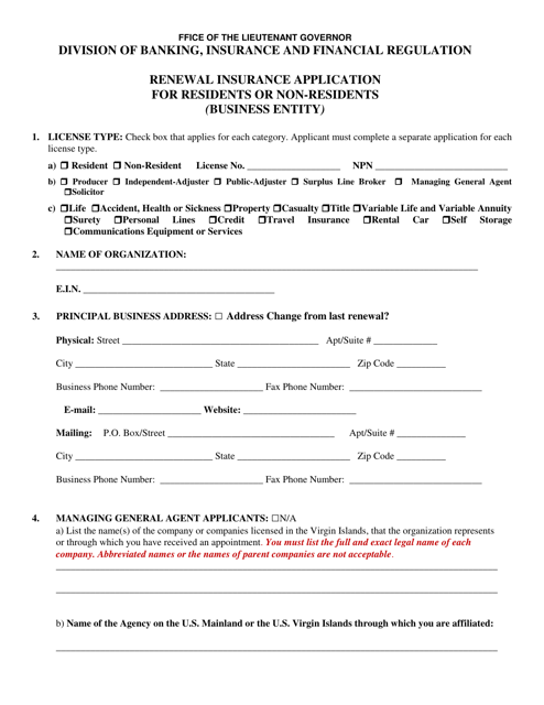 Renewal Insurance Application for Residents or Non-residents (Business Entity) - Virgin Islands Download Pdf