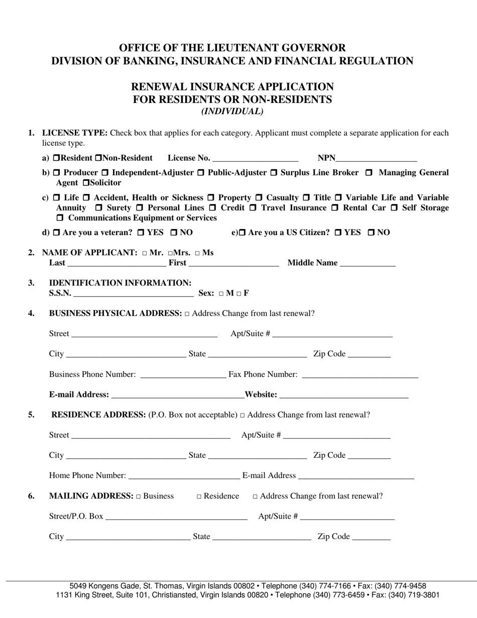 Renewal Insurance Application for Residents or Non-residents (Individual) - Virgin Islands, Page 1