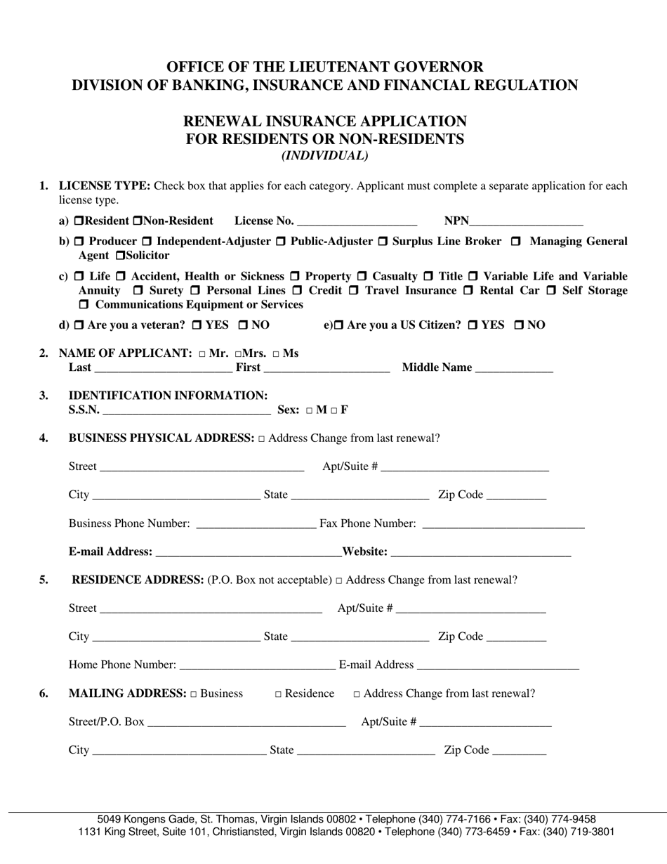 Virgin Islands Renewal Insurance Application for Residents or Non