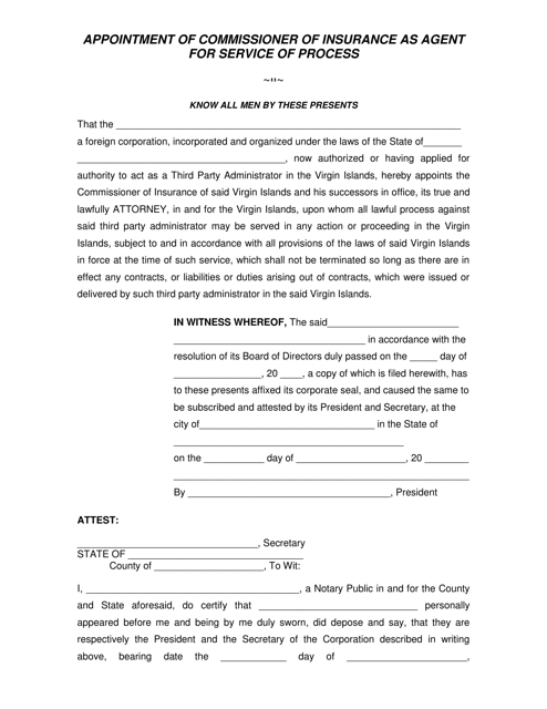 Appointment of Commissioner of Insurance as Agent for Service of Process - Virgin Islands Download Pdf