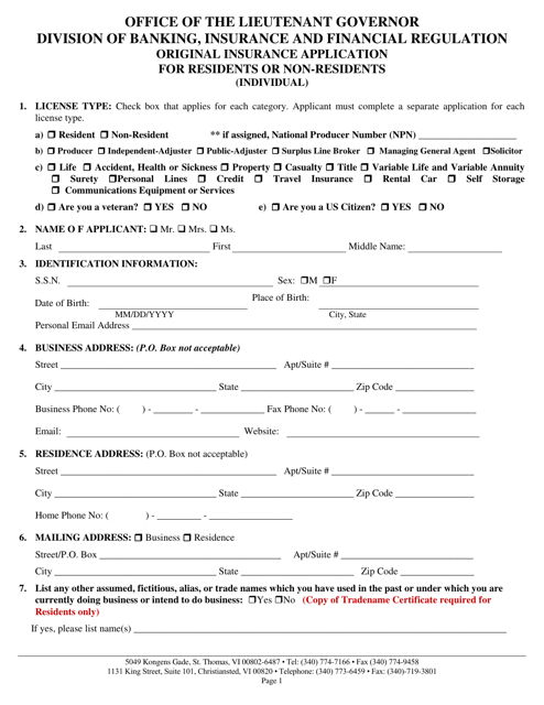 Document preview: Original Insurance Application for Residents or Non-residents (Individual) - Virgin Islands