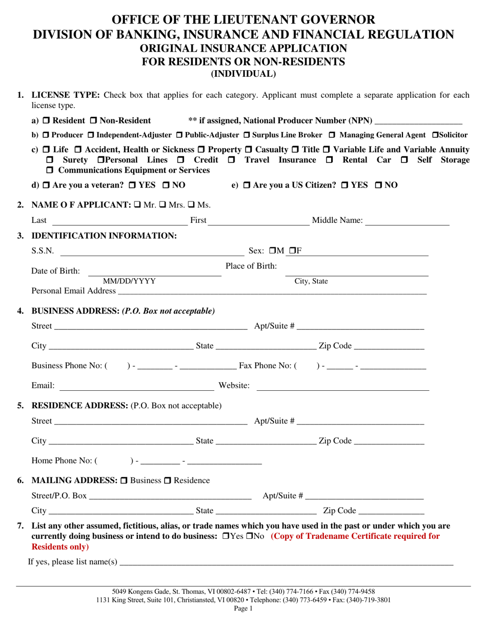 Original Insurance Application for Residents or Non-residents (Individual) - Virgin Islands, Page 1