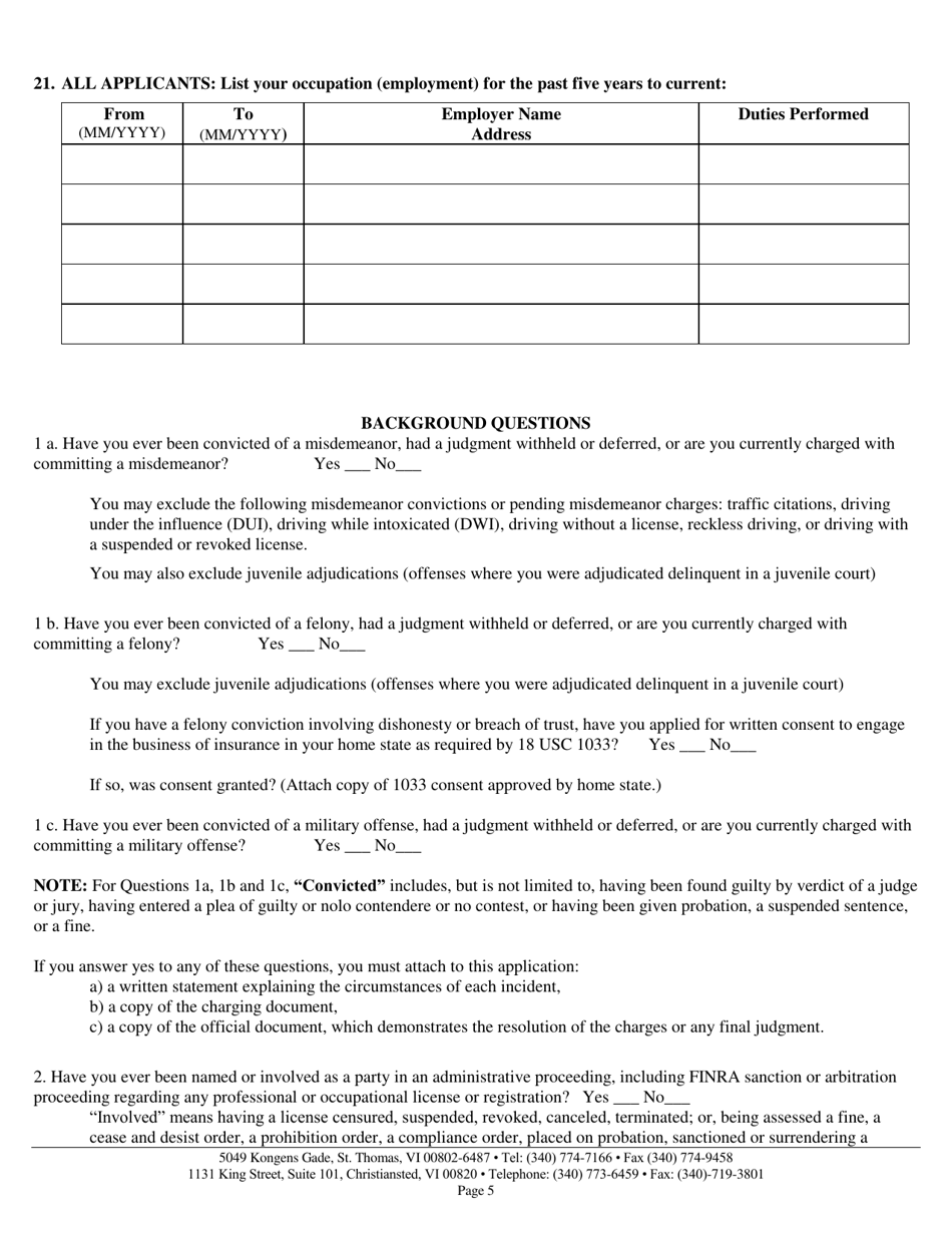 Original Insurance Application for Residents or Non-residents (Individual) - Virgin Islands, Page 5