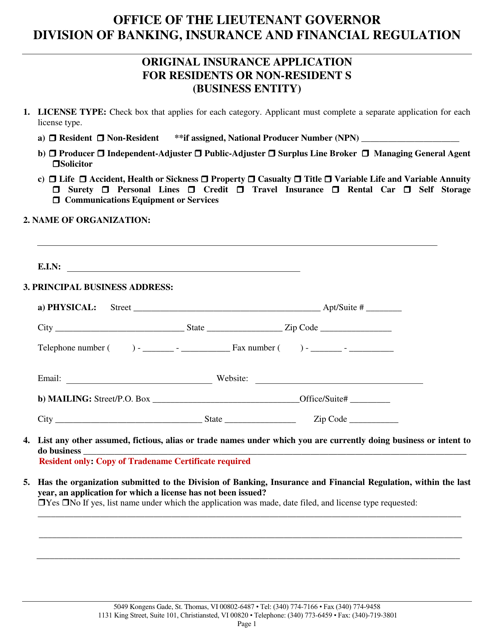 Original Insurance Application for Residents or Non-residents (Business Entity) - Virgin Islands Download Pdf