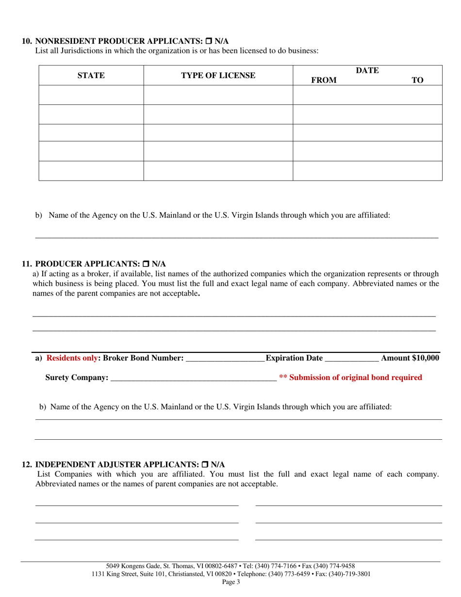 Original Insurance Application for Residents or Non-residents (Business Entity) - Virgin Islands, Page 3