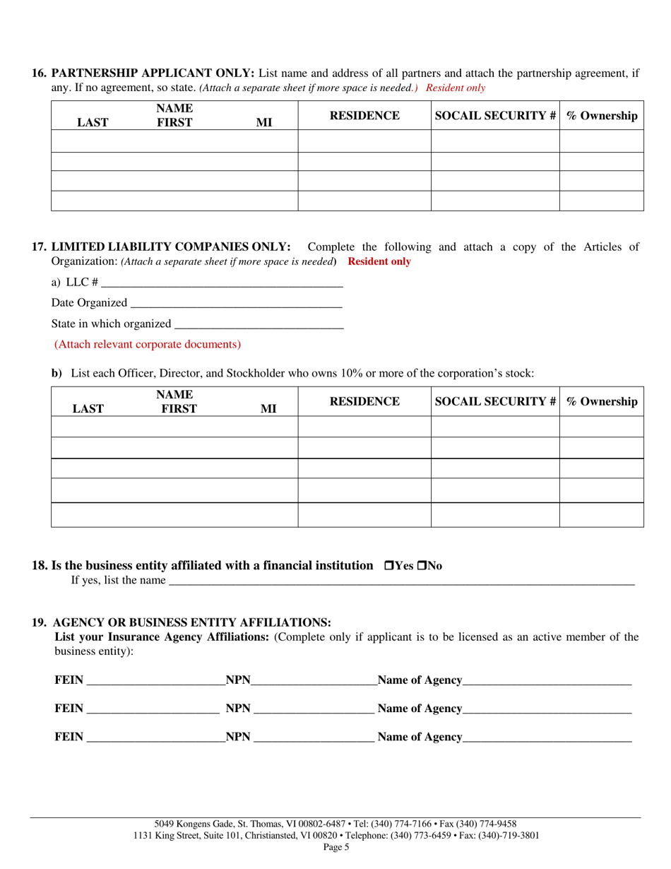 Original Insurance Application for Residents or Non-residents (Business Entity) - Virgin Islands, Page 5