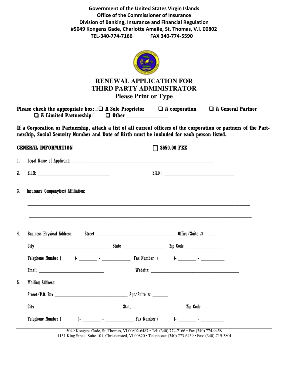 Renewal Application for Third Party Administrator - Virgin Islands, Page 1