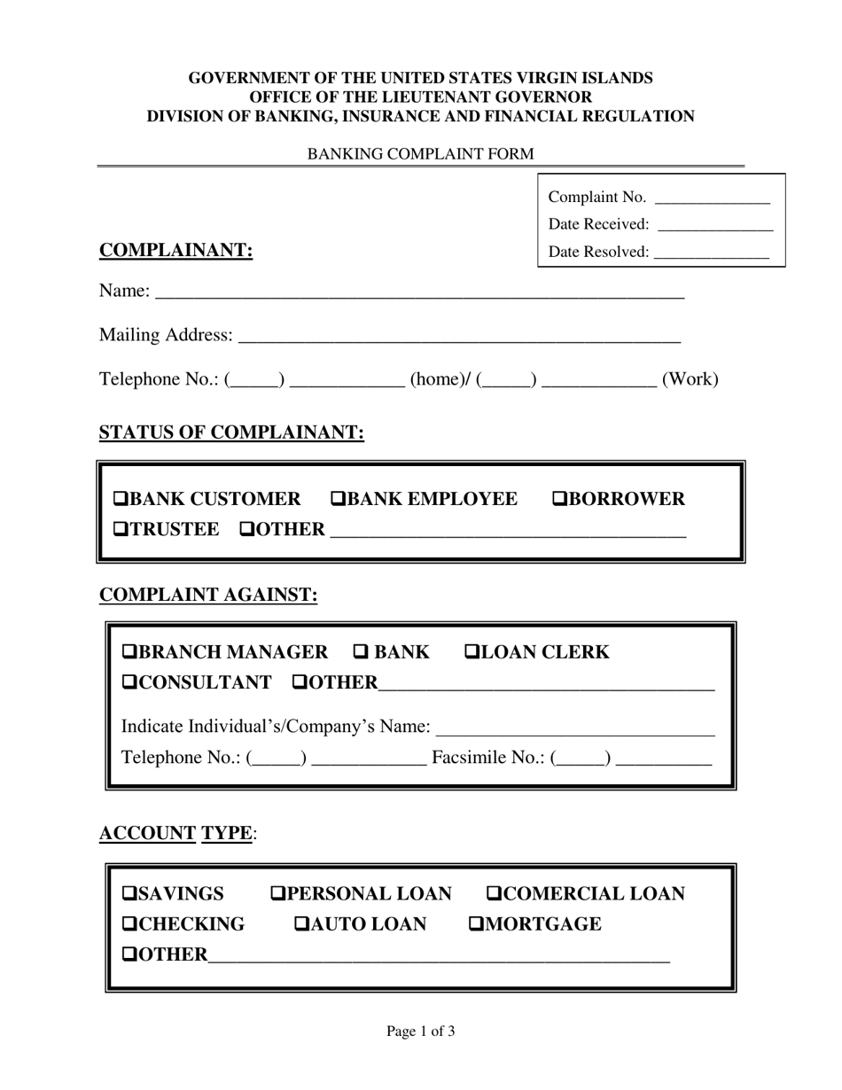 Banking Complaint Form - Virgin Islands, Page 1
