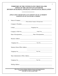 Application for Renewal of Certificate of Authority Certificate of Licensure or Permit - Virgin Islands, Page 2
