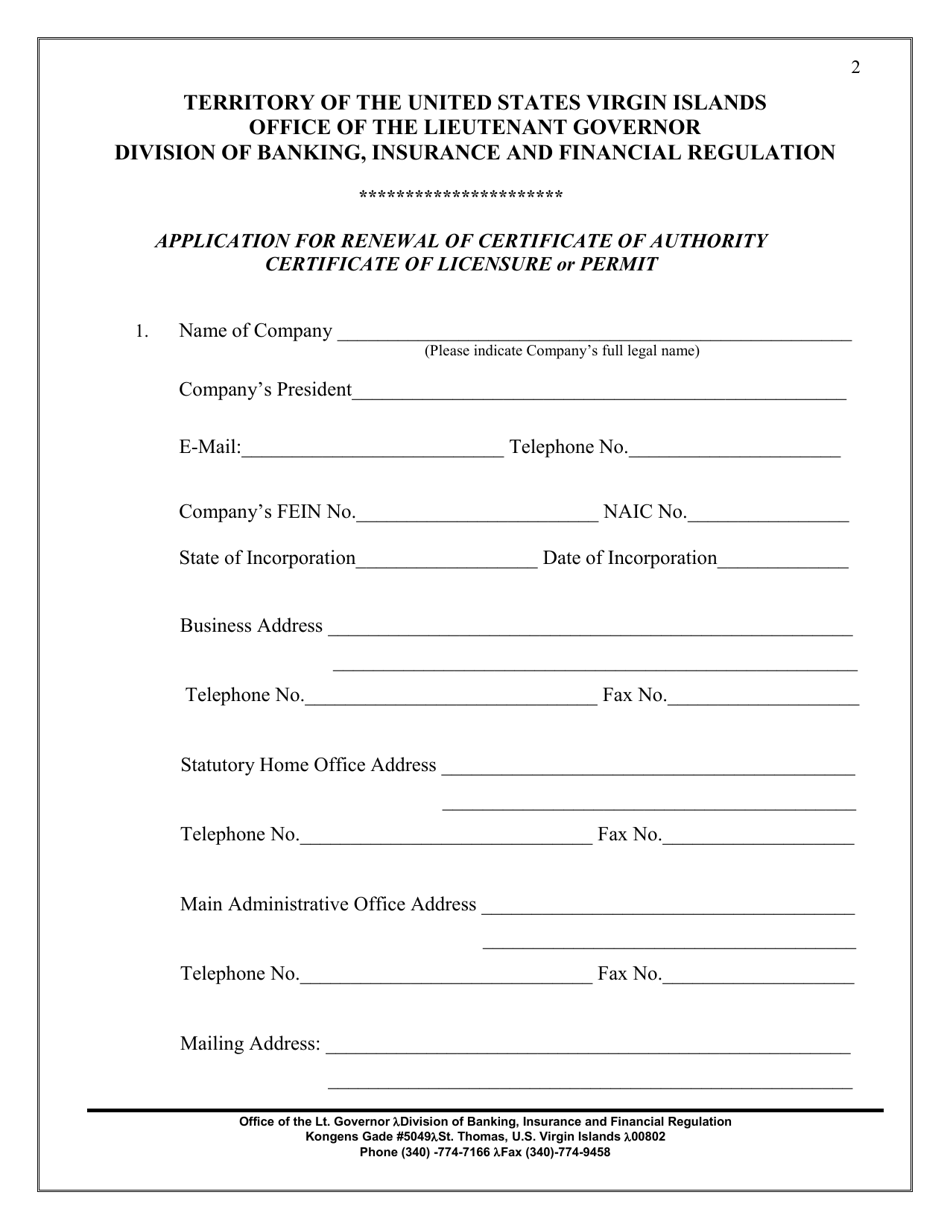 Application for Renewal of Certificate of Authority Certificate of Licensure or Permit - Virgin Islands, Page 2