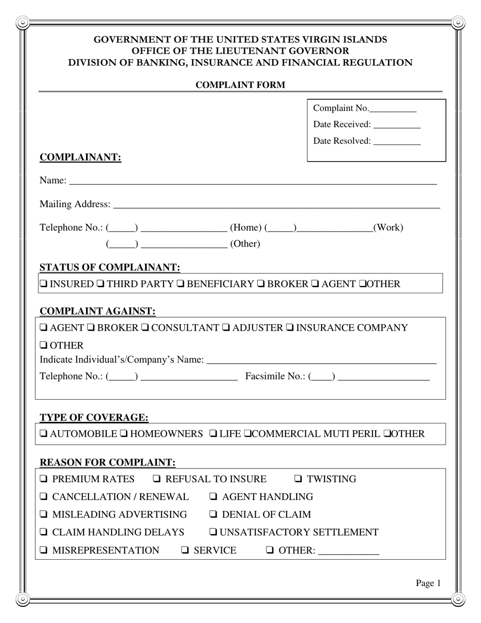 Insurance Complaint Form - Virgin Islands, Page 1