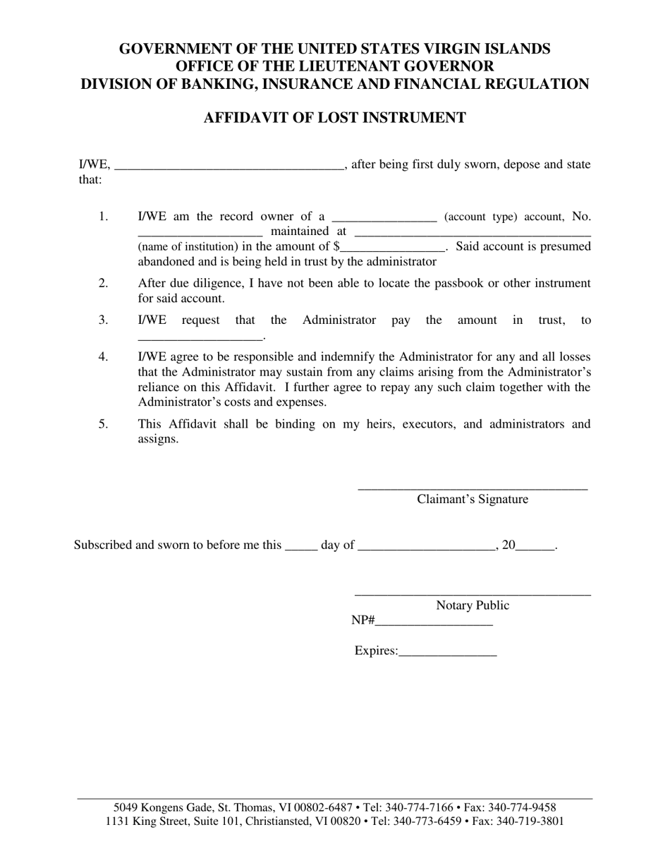 Affidavit of Lost Instrument - Virgin Islands, Page 1