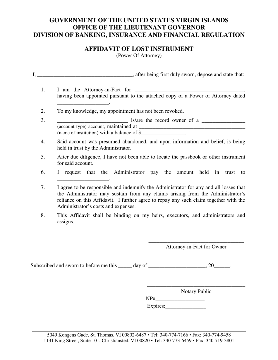 Affidavit of Lost Instrument (Power of Attorney) - Virgin Islands, Page 1