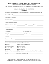 Document preview: Claim of Abandoned Property (Deceased) - Virgin Islands