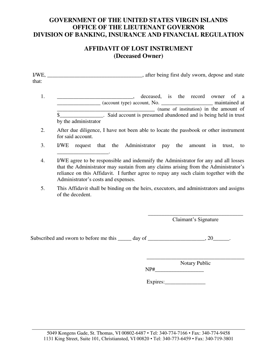 Affidavit of Lost Instrument (Deceased Owner) - Virgin Islands, Page 1