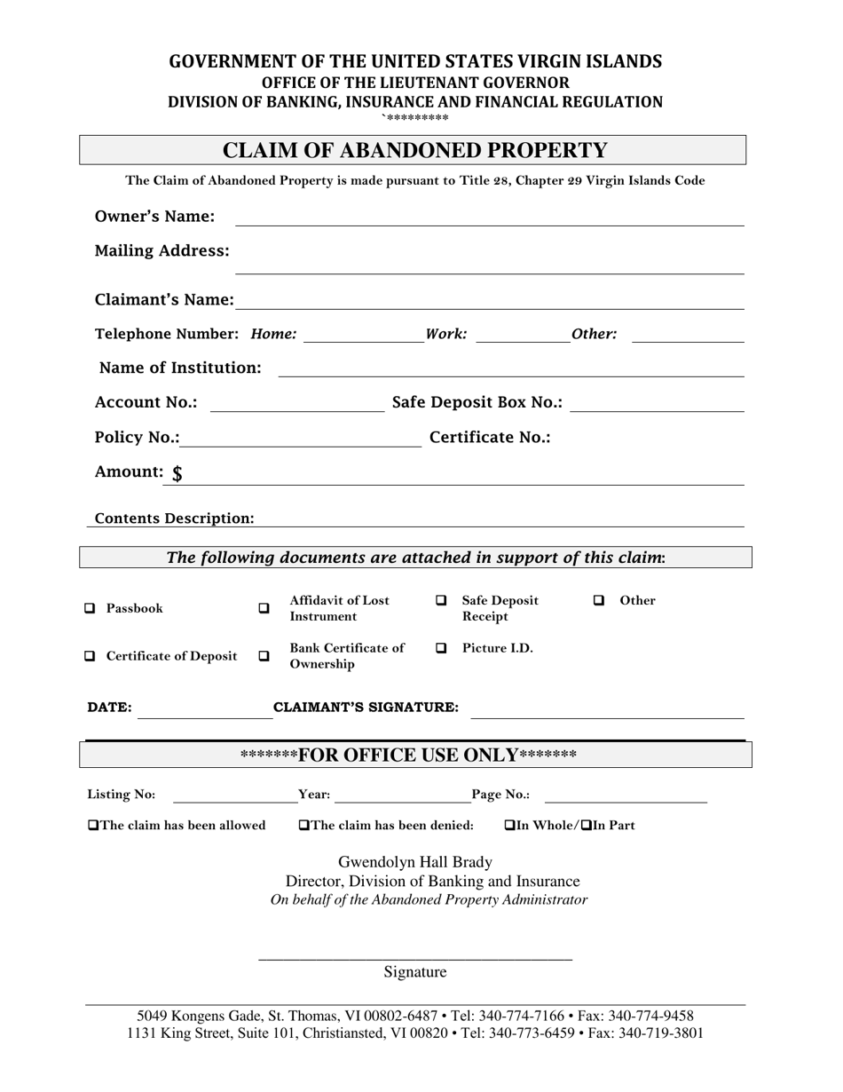 Claim of Abandoned Property - Virgin Islands, Page 1