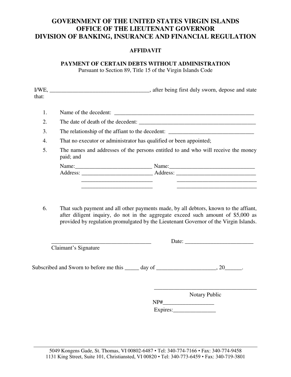 Affidavit Payment of Certain Debts Without Administration - Virgin Islands, Page 1