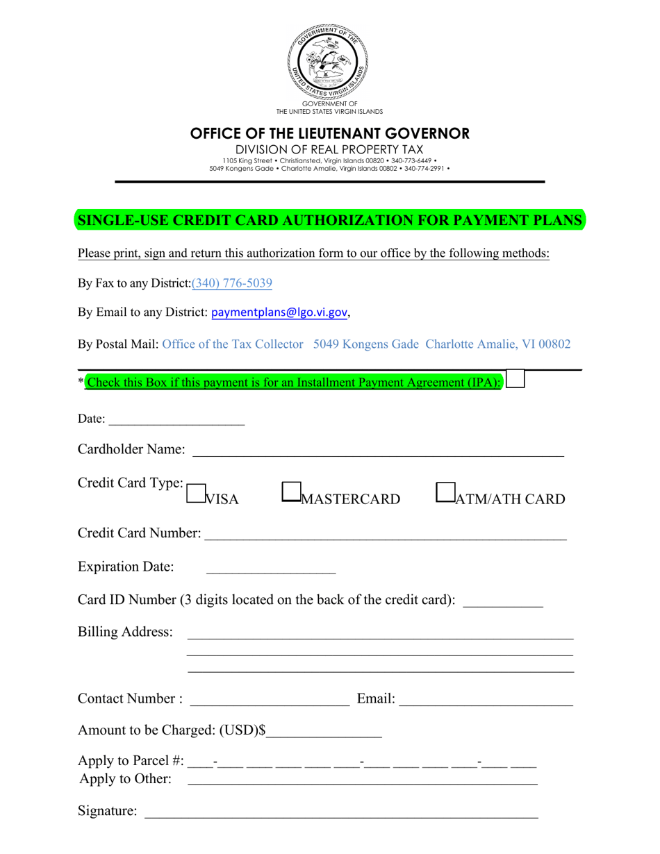 Single-Use Credit Card Authorization for Payment Plans - Virgin Islands, Page 1