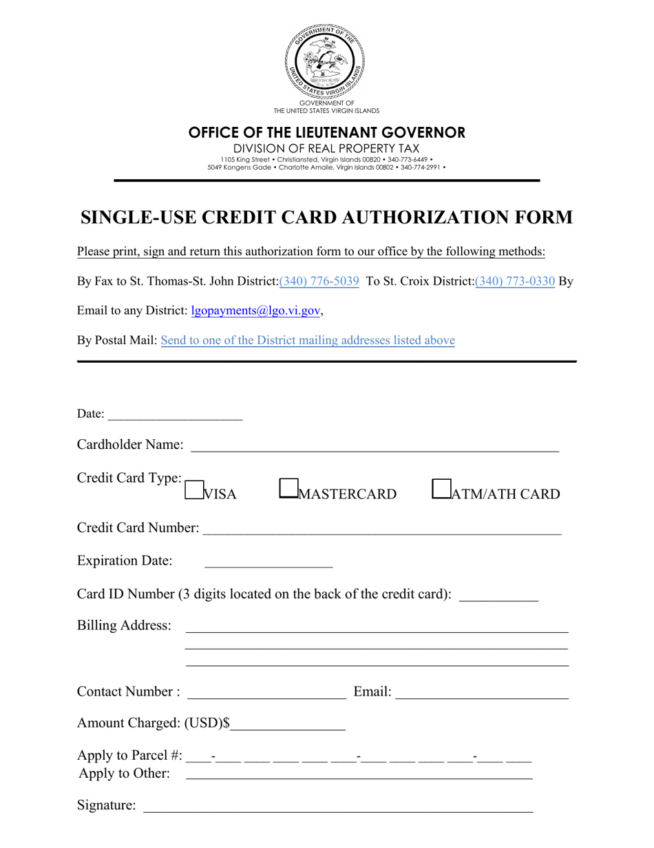 Single-Use Credit Card Authorization Form - Virgin Islands, Page 1