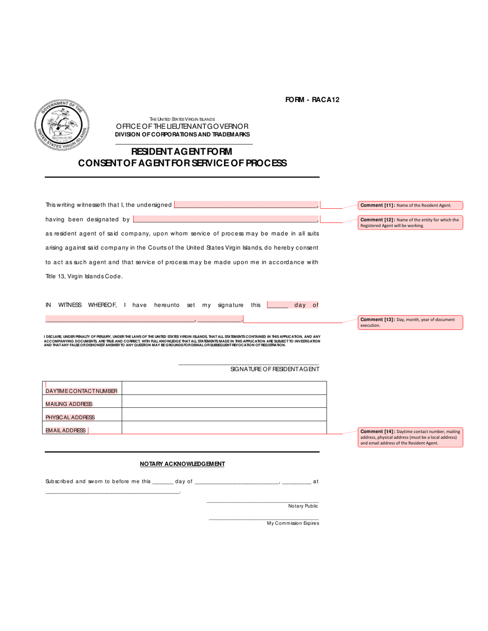 Instructions for Form RACA12 Resident Agent Form Consent of Agent for Service of Process - Virgin Islands, Page 1