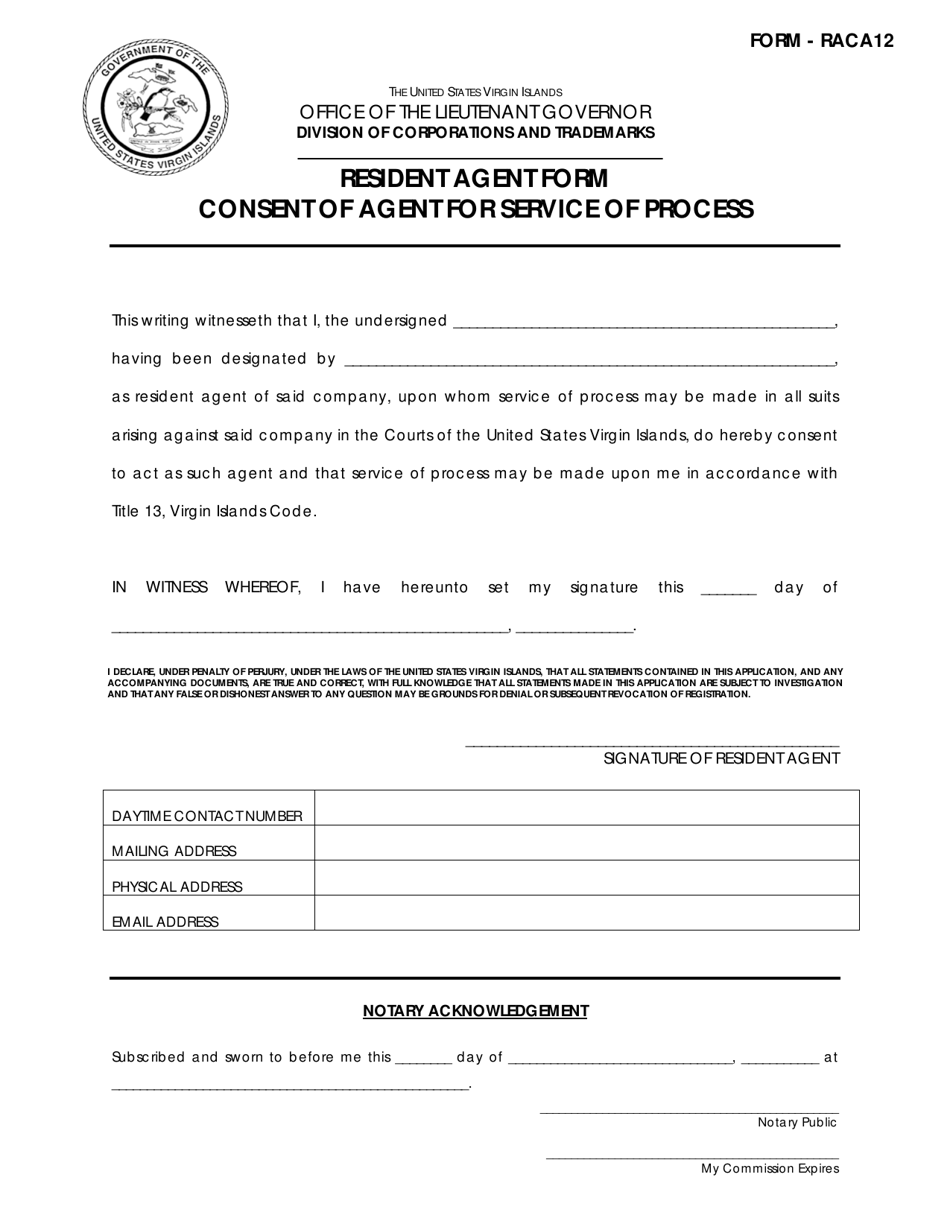 Form RACA12 Resident Agent Form Consent of Agent for Service of Process - Virgin Islands, Page 1