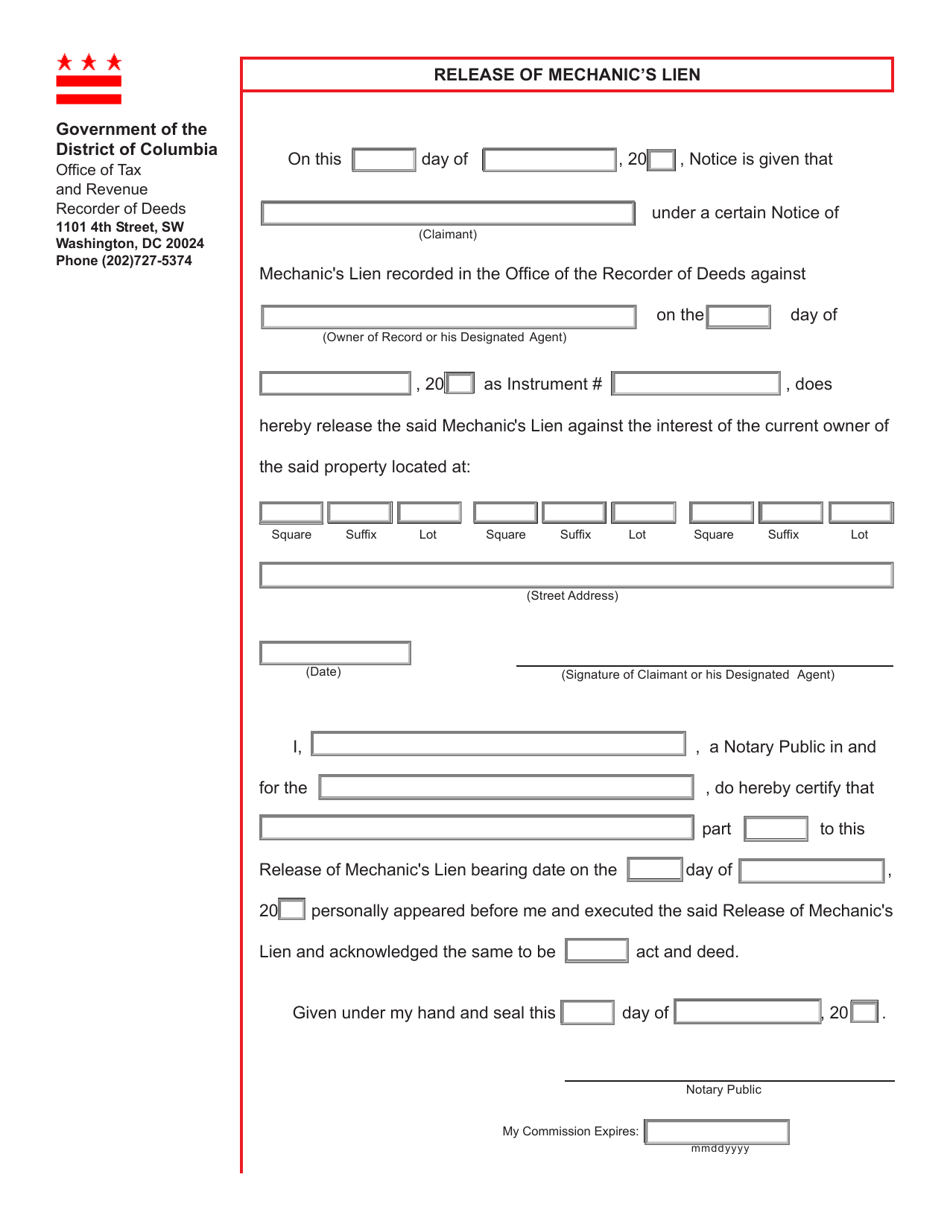 Form ROD18 Release of Mechanics Lien - Washington, D.C., Page 1