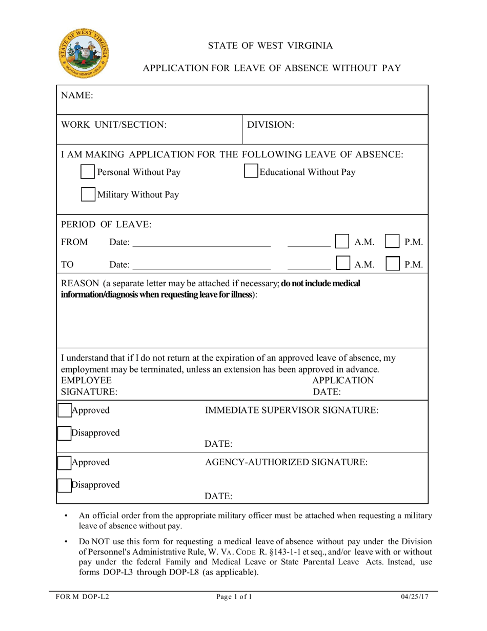 Form DOP-L2 Application for Leave of Absence Without Pay - West Virginia, Page 1