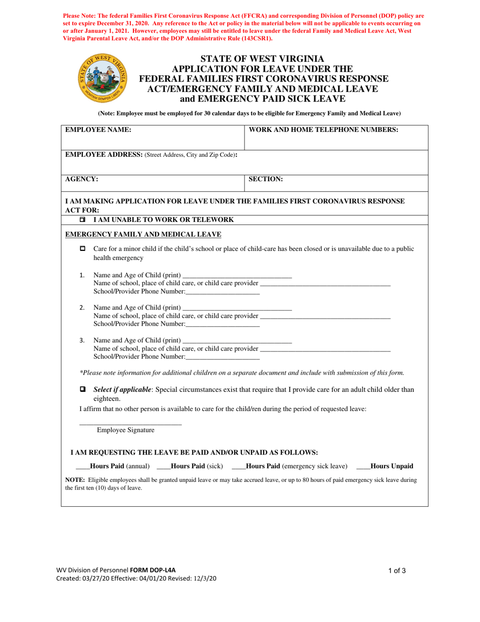 Form DOP-L4A Application for Leave Under the Federal Families First Coronavirus Response Act / Emergency Family and Medical Leave and Emergency Paid Sick Leave - West Virginia, Page 1