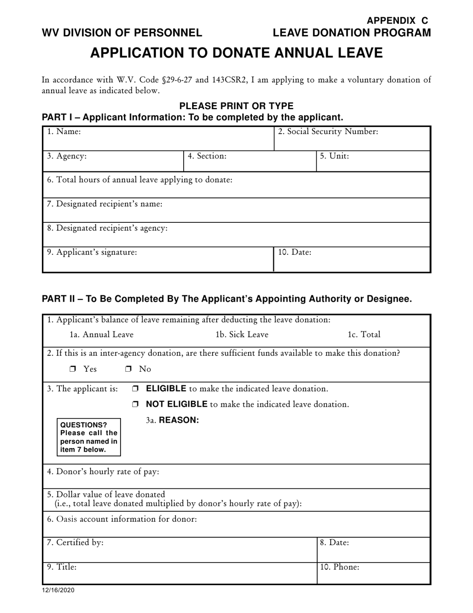 Appendix C Application to Donate Annual Leave - West Virginia, Page 1