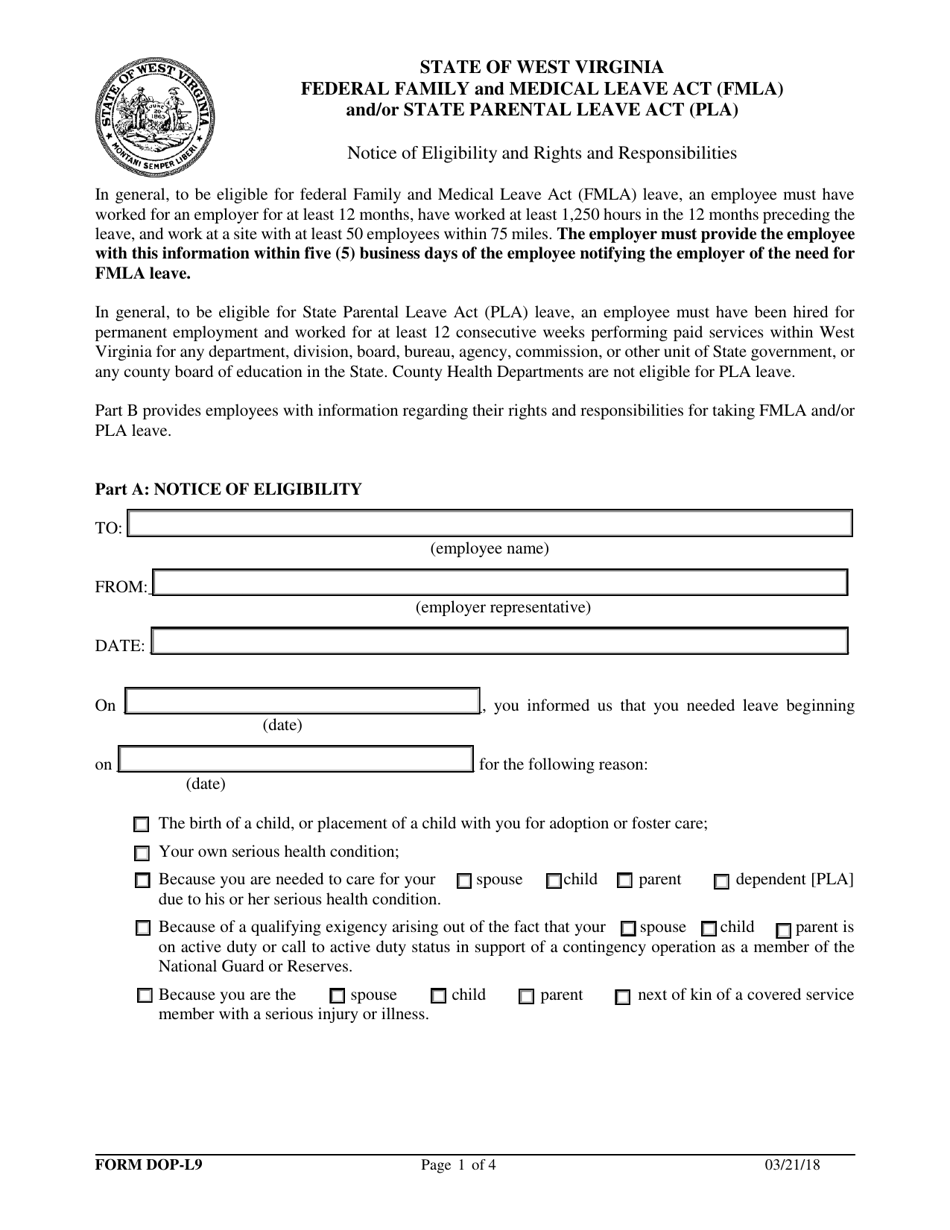 Form DOP-L9 Notice of Eligibility and Rights and Responsibilities - Federal Family and Medical Leave Act (Fmla) and / or State Parental Leave Act (Pla) - West Virginia, Page 1