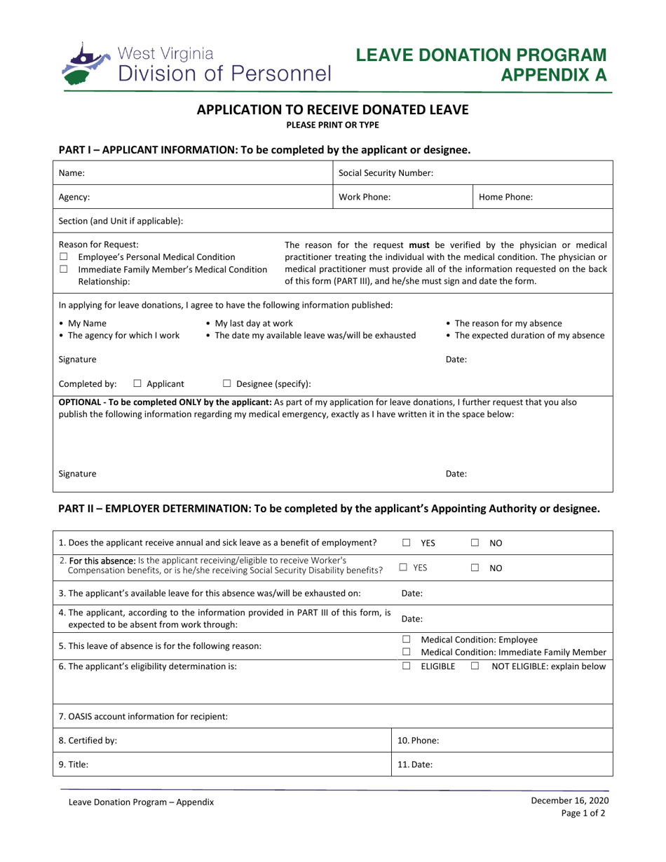 Appendix A Application to Receive Donated Leave - Leave Donation Program - West Virginia, Page 1