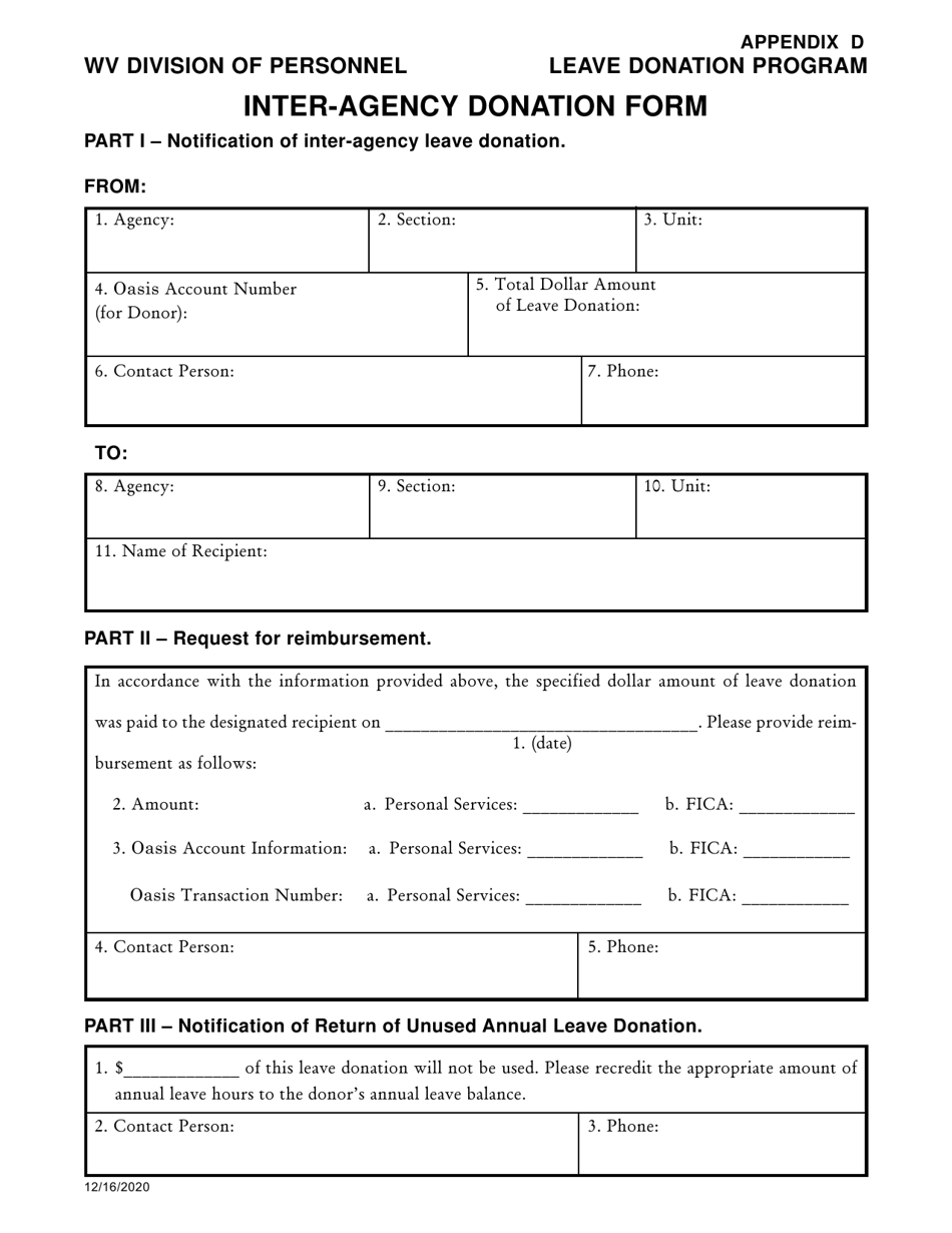 Appendix D Inter-Agency Donation Form - Leave Donation Program - West Virginia, Page 1