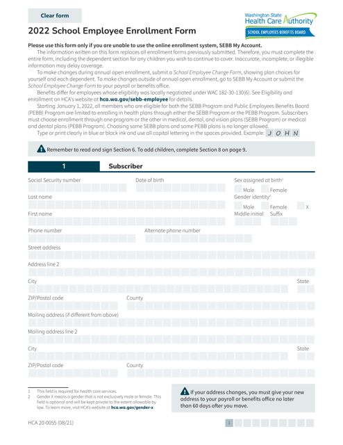 Form HCA20-0055 School Employee Enrollment Form - Washington, 2022