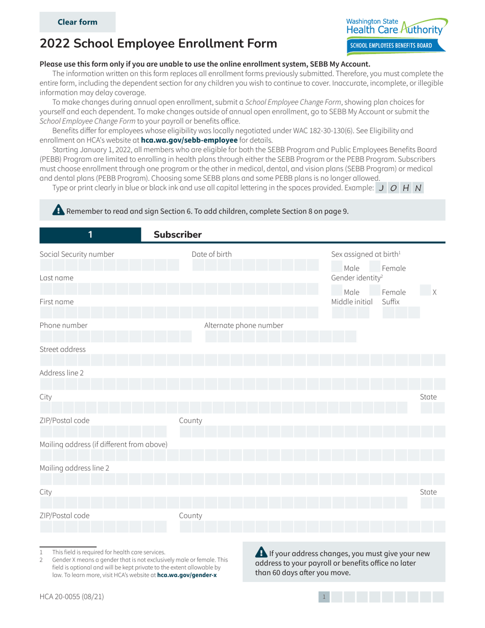 Form HCA20-0055 School Employee Enrollment Form - Washington, Page 1