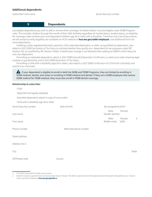 Form HCA20-0127 Sebb Employee Change Form for Additional Dependents - Washington, 2022