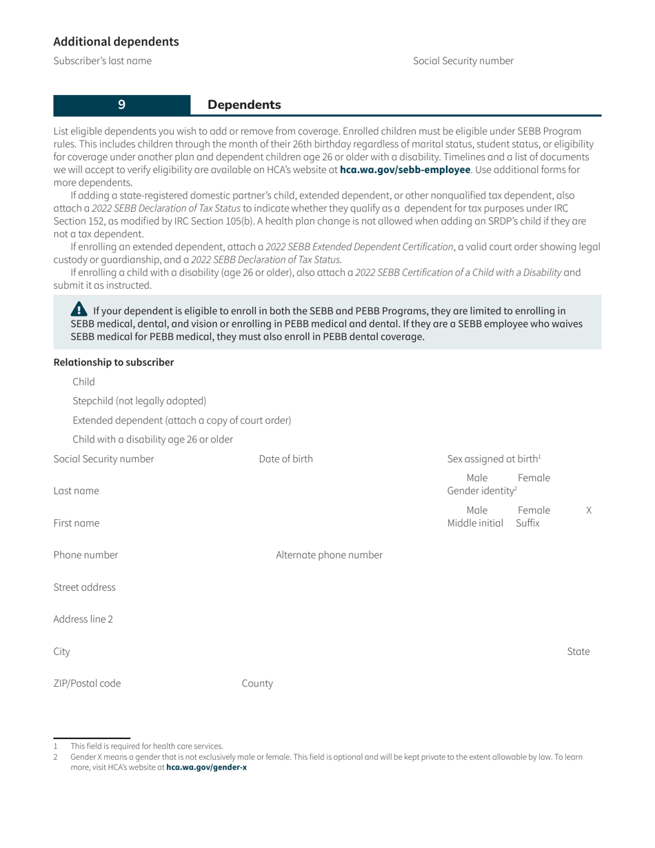 Form HCA20-0127 Sebb Employee Change Form for Additional Dependents - Washington, Page 1