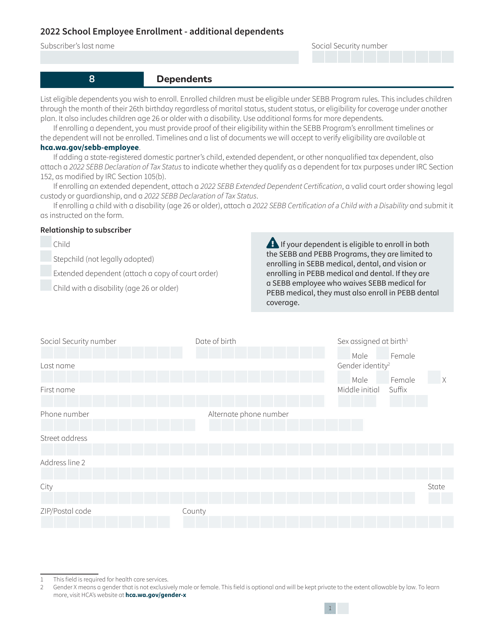 Form HCA20-0055 School Employee Enrollment - Additional Dependents - Washington, 2022