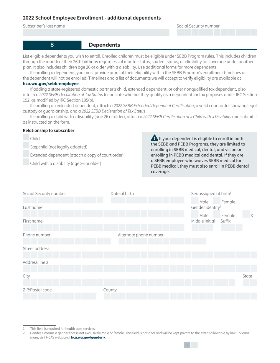 Form HCA20-0055 School Employee Enrollment - Additional Dependents - Washington, Page 1