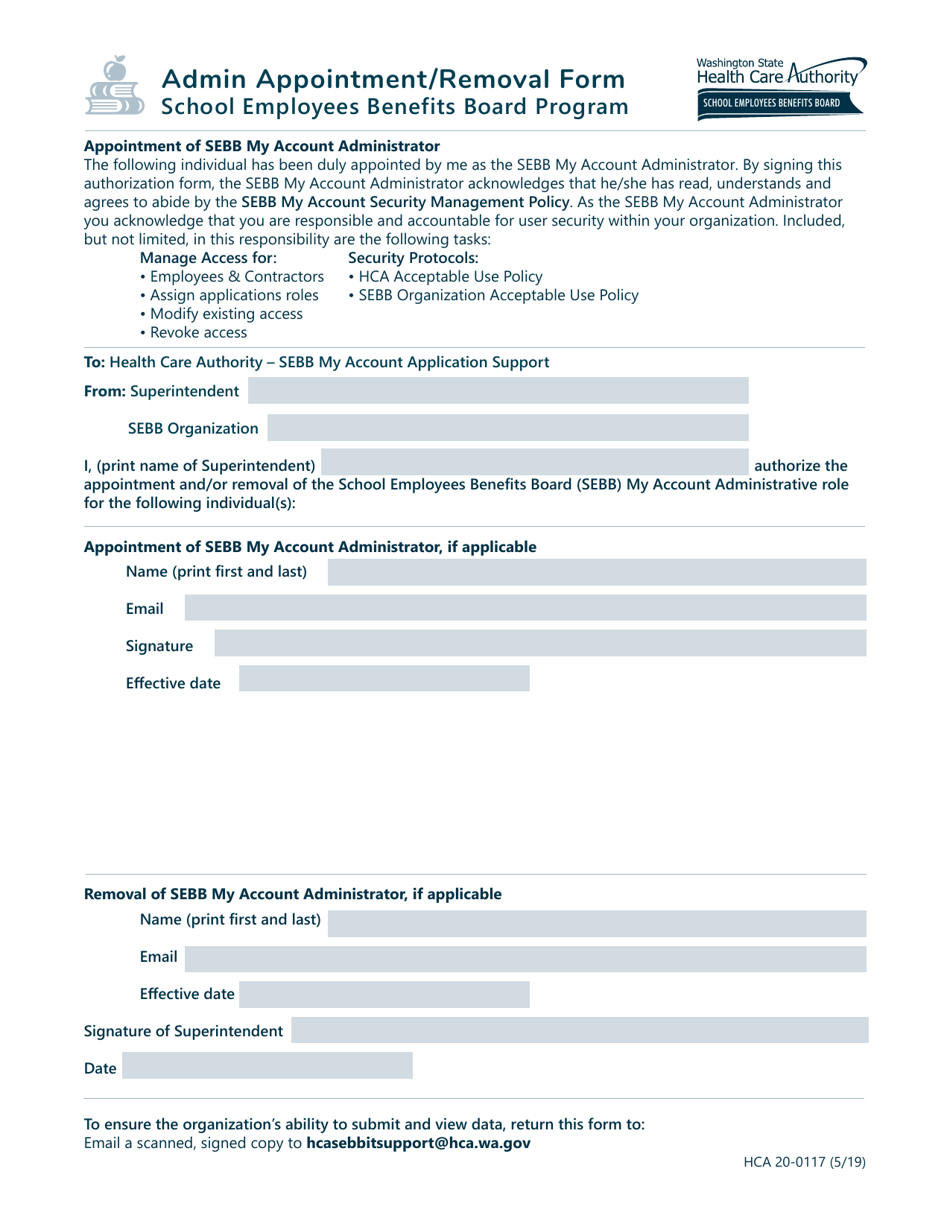 Form HCA20-0117 Admin Appointment / Removal Form - School Employees Benefits Board Program - Washington, Page 1