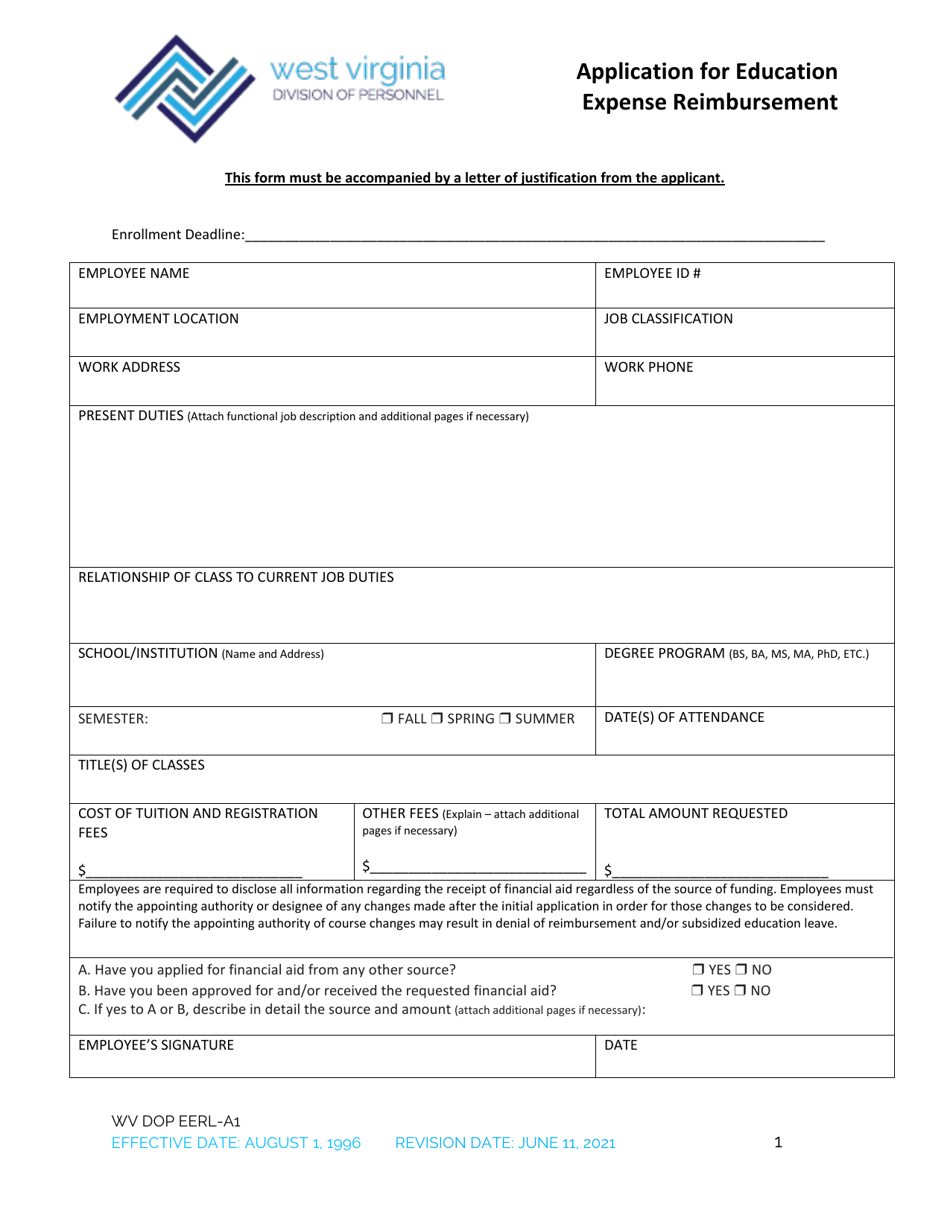 Form WV DOP EERL-A1 Application for Education Expense Reimbursement - West Virginia, Page 1