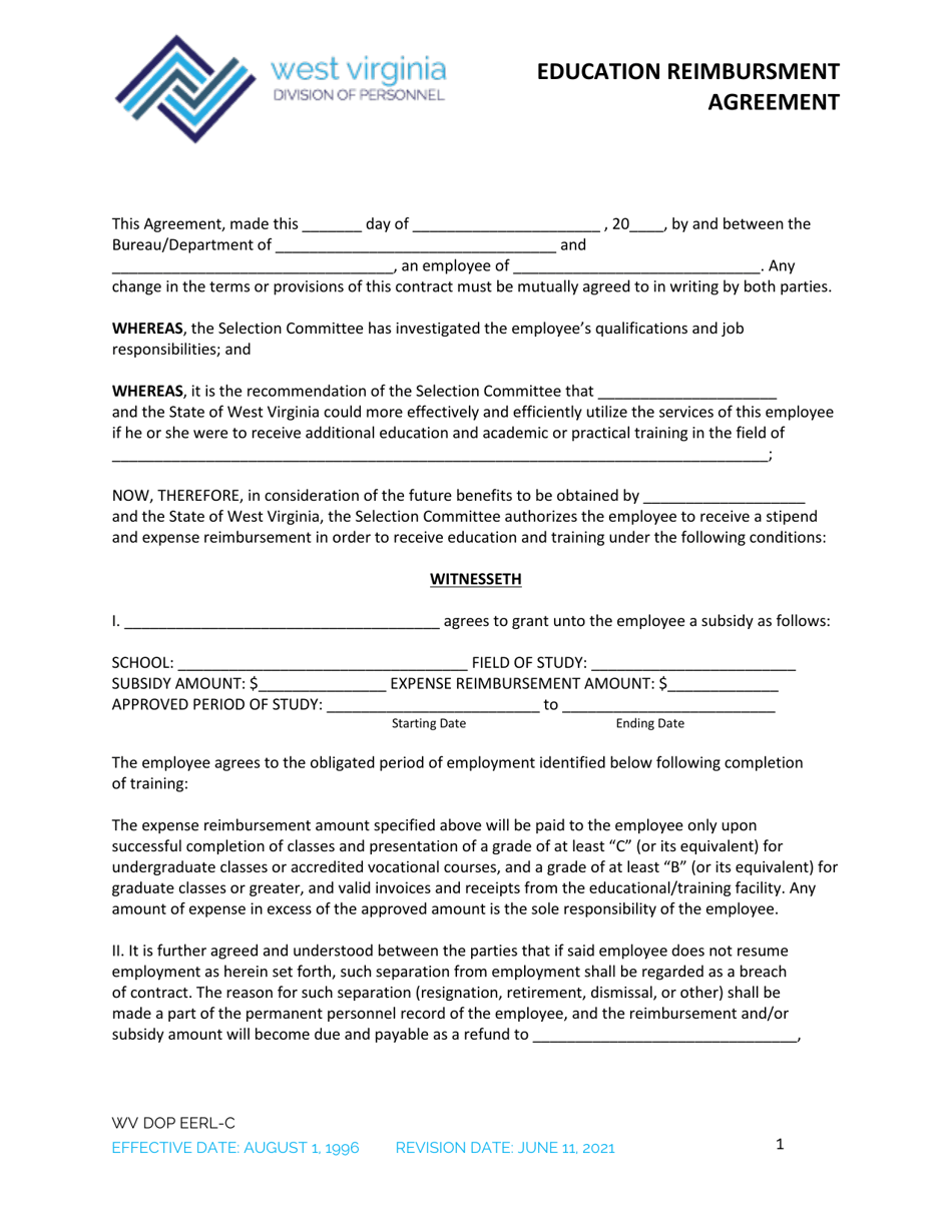 Form DOP EERL-C Education Reimbursment Agreement - West Virginia, Page 1