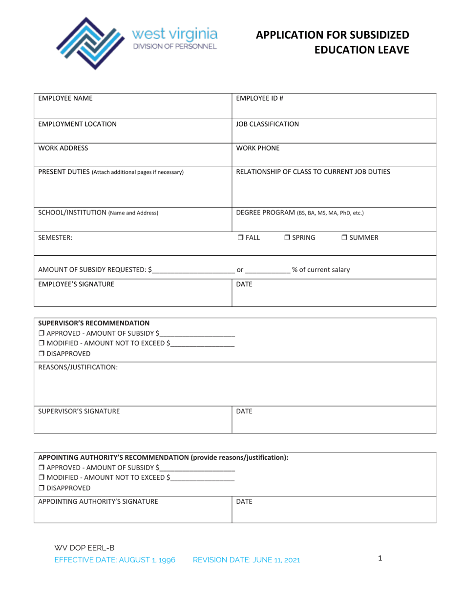 Form DOP EERL-B Application for Subsidized Education Leave - West Virginia, Page 1