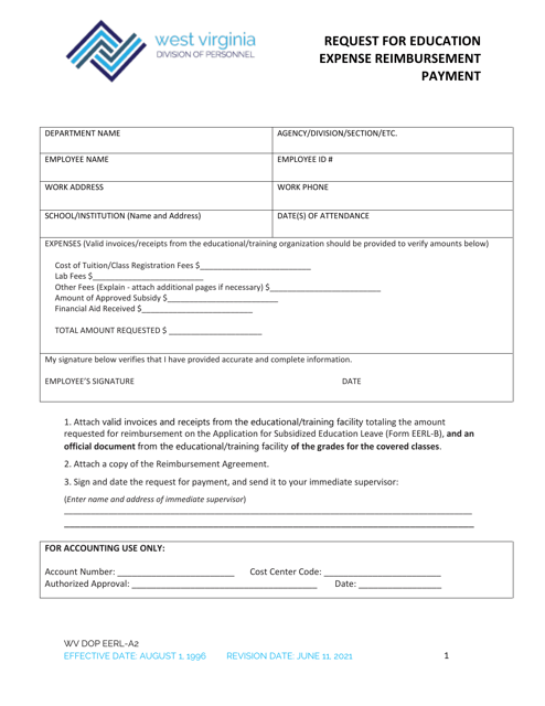 Form WV DOP EERL-A2 Request for Education Expense Reimbursement Payment - West Virginia